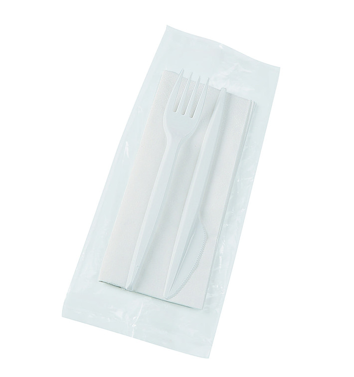 Plastic Cutlery kit PS Fork, Knife and Napkin White (25 Units)