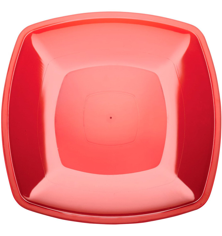 Plastic Plate Flat Red Square shape PS 30 cm (12 Units) 