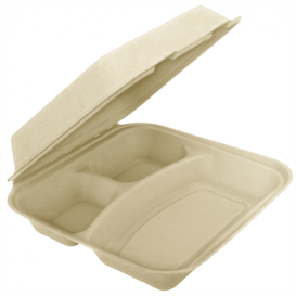 Sugarcane Hinged Container "Menu Box" 3 Compartments 25x25x7,5cm (250 Units)