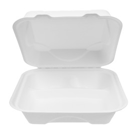 Sugarcane Hinged Container "Menu Box" 3 Compartments White 20x20x7,5cm (200 Units)