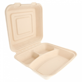 Sugarcane Hinged Container "Menu Box" 3 Compartments 25x25x7,5cm (250 Units)