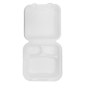 Sugarcane Hinged Container "Menu Box" 3 Compartments White 20x20x7,5cm (200 Units)