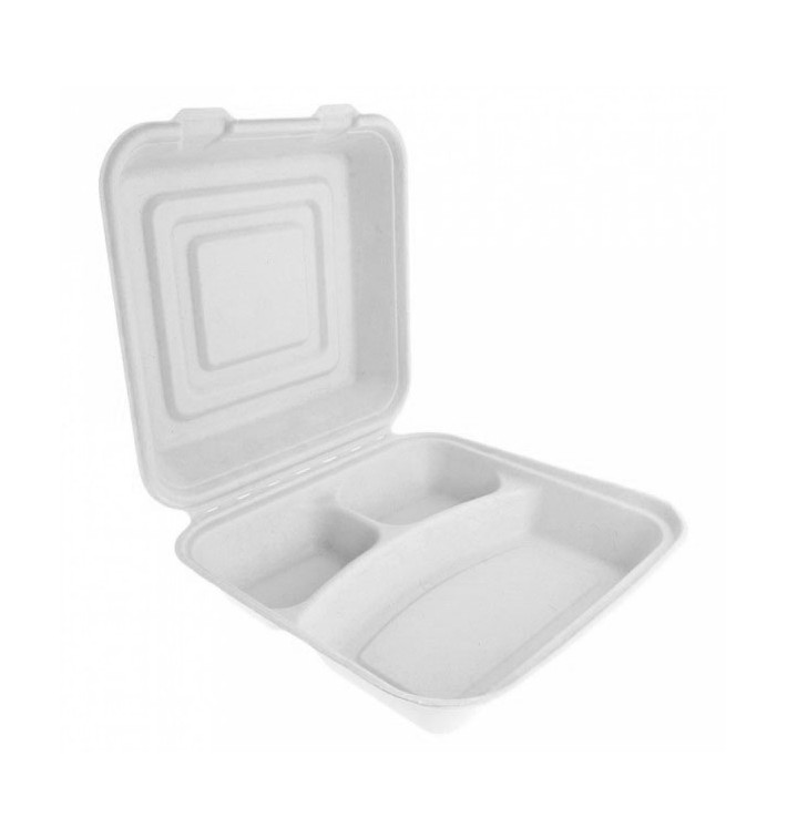 Sugarcane Hinged Container "Menu Box" White 3C 24x23x7,6cm (50 Units)