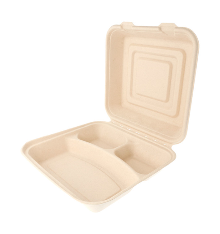 Sugarcane Hinged Container "Menu Box" 3 Compartments 25x25x7,5cm (50 Units) 