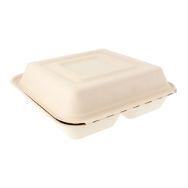 Sugarcane Hinged Container "Menu Box" 3 Compartments 25x25x7,5cm (50 Units) 