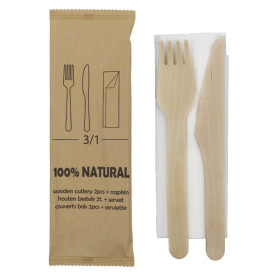 Cutlery Set Wood Fork, Knife, Napkin (25 Units)