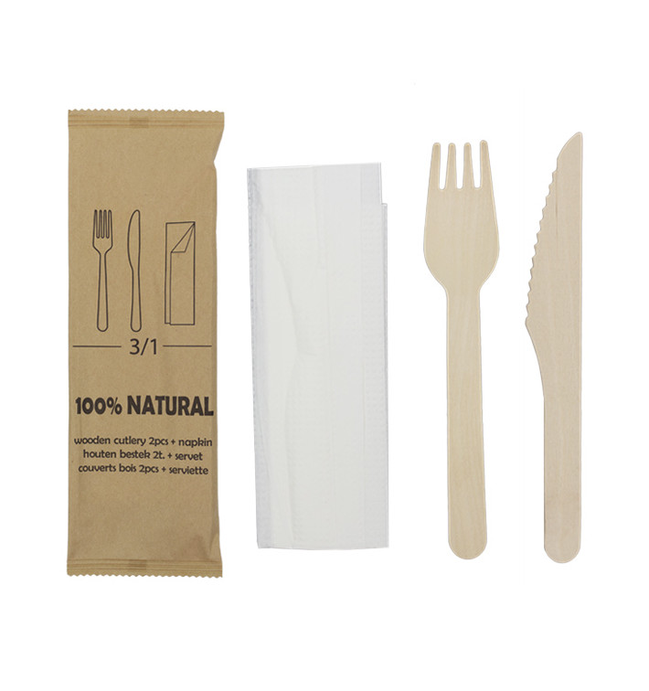 Cutlery Set Wood Fork, Knife, Napkin (25 Units)