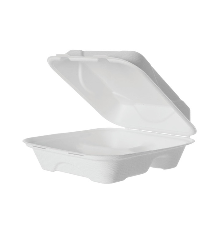 Sugarcane Hinged Container "Menu Box" 3 Compartments White 20x20x7,5cm (200 Units)