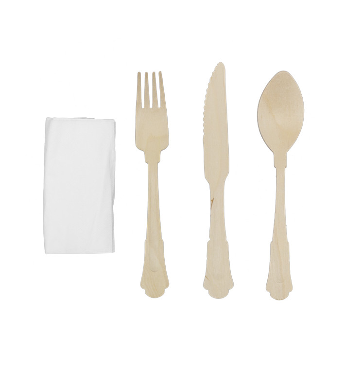 Wooden Forck, Knife, Spoon and Napkin Kit "Classic" 20cm (100 Units)