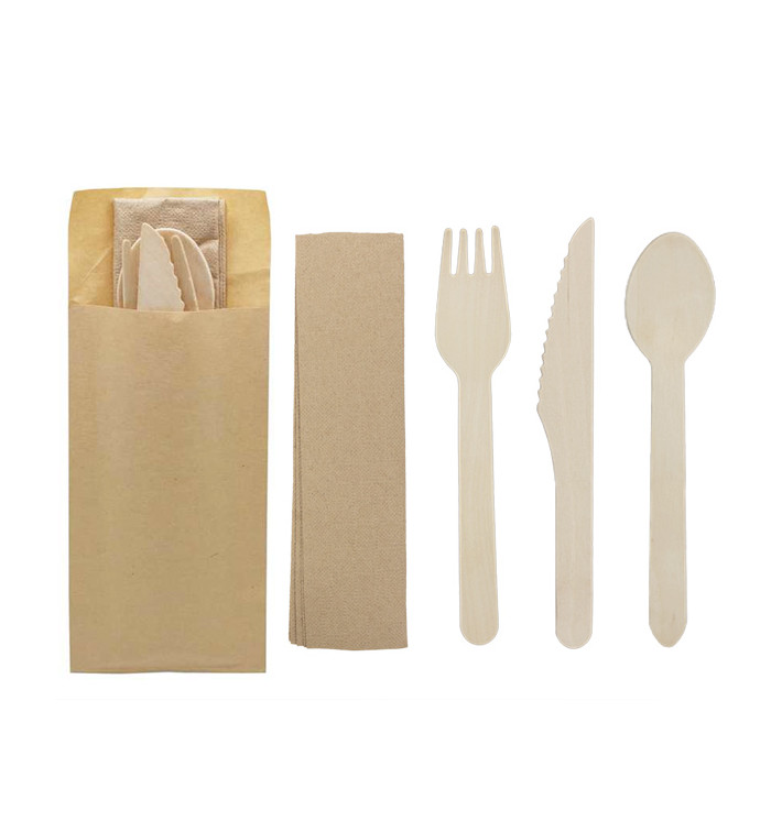 Wooden Cutlery Kit Fork, Knife, Spoon and Napkin (50 Units)