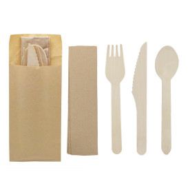 Wooden Cutlery Kit Fork, Knife, Spoon and Napkin (1.200 Units)