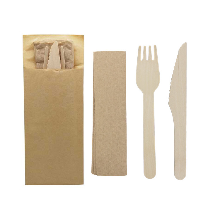 Wooden Cutlery Kit Fork, Knife and Napkin (50 Units)