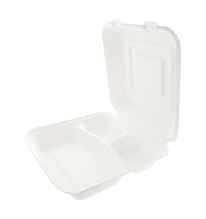 Sugarcane Hinged Container "Menu Box" White 3 Compartments 25x25x7,5cm 