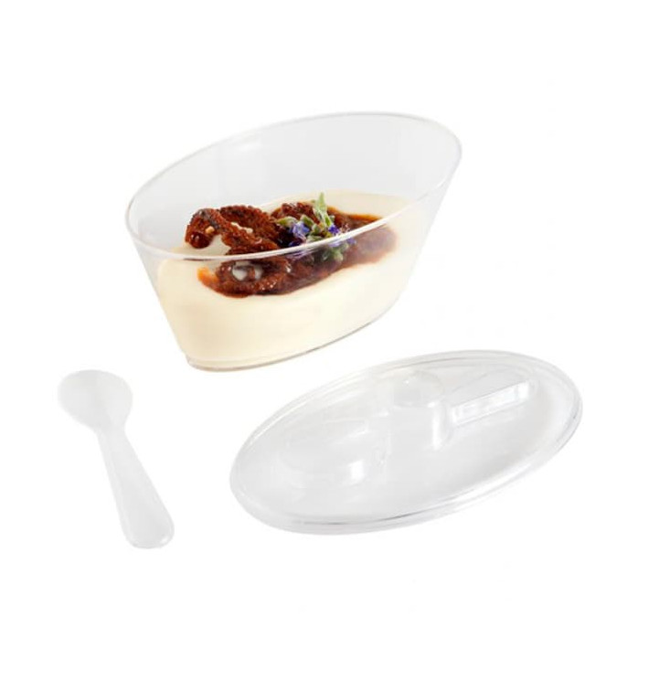 Plastic Bowl with Lid and Spoon PS Oval Shape 10,1x6,1x6cm 