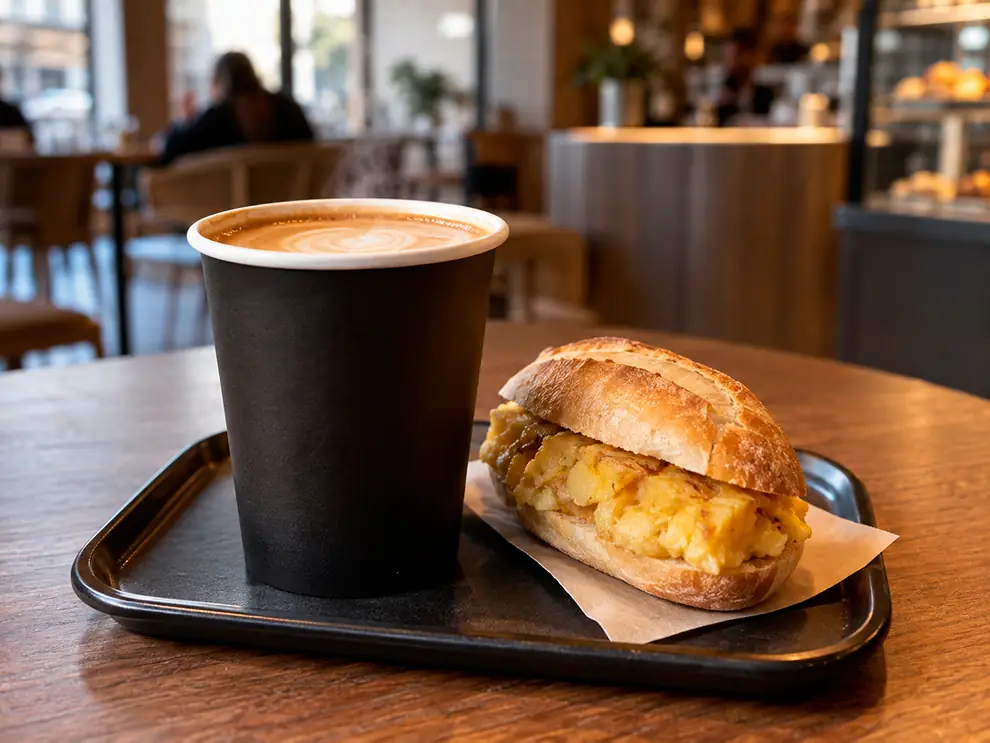 a takeaway coffe and a sandwich